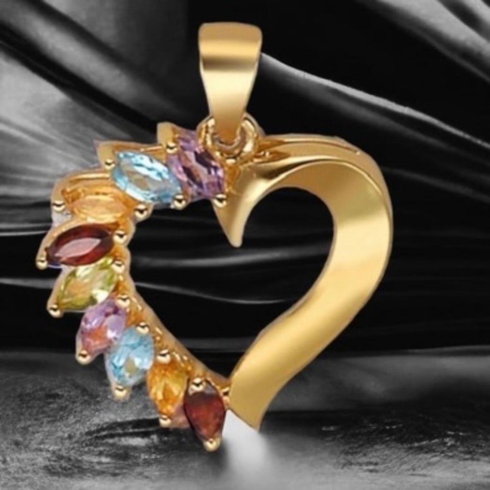 Multi-Gemstone 18kt Gold Plated sterling‎ silver heart pendant.